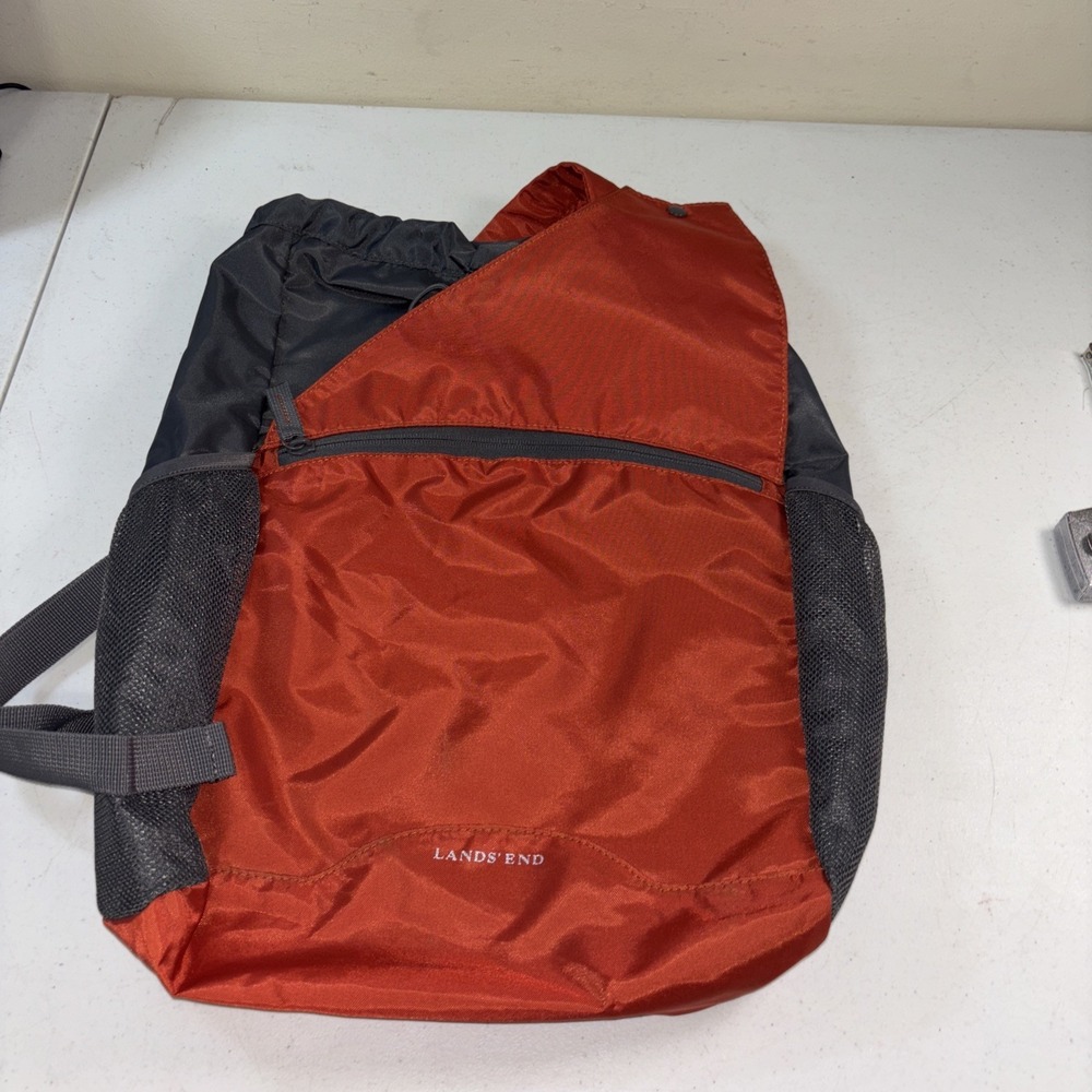 Lands End Packable Drawstring Backpack Or Cinch Big Orange Gray One Shoulder Adj